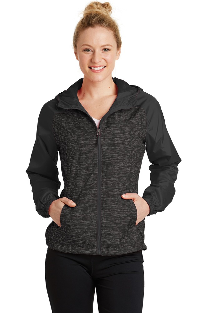 Sport-Tek LST40 Ladies Heather Colorblock Raglan Hooded Wind Jacket Front Fullsize"