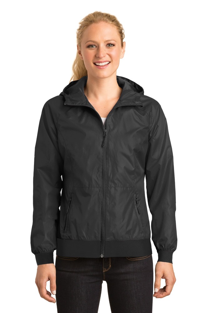 sport-tek lst53 ladies embossed hooded wind jacket Front Fullsize