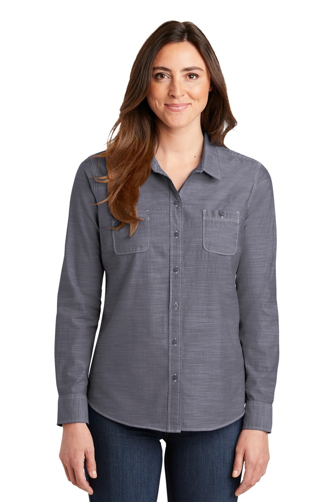 port authority lw380 ladies slub chambray shirt Front Fullsize