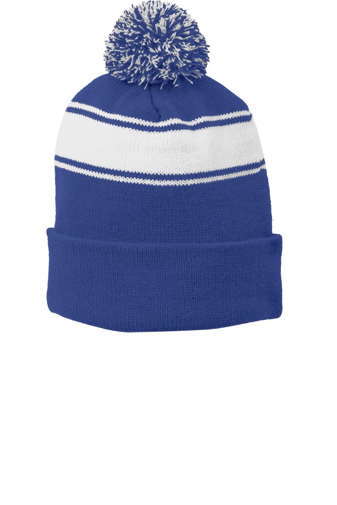 sport-tek stc28 stripe pom pom beanie Front Fullsize