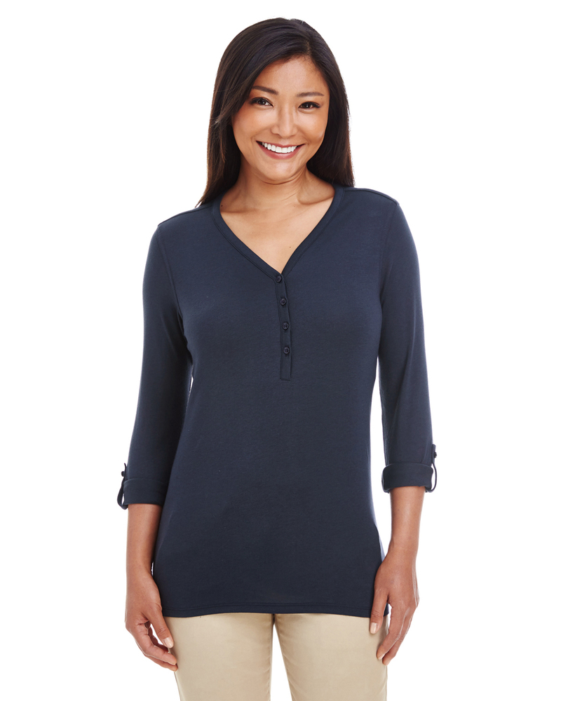 Devon & Jones DP186W Ladies' Perfect Fit™ Y-Placket Convertible Sleeve Knit Top Front Fullsize"