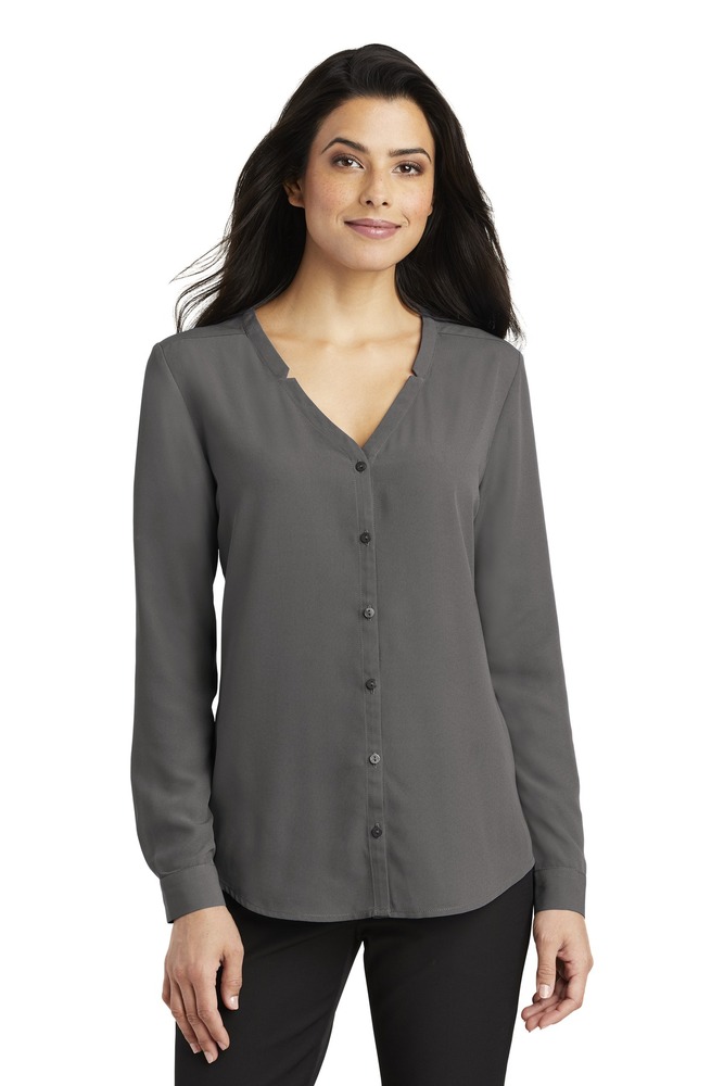 port authority lw700 ladies long sleeve button-front blouse Front Fullsize