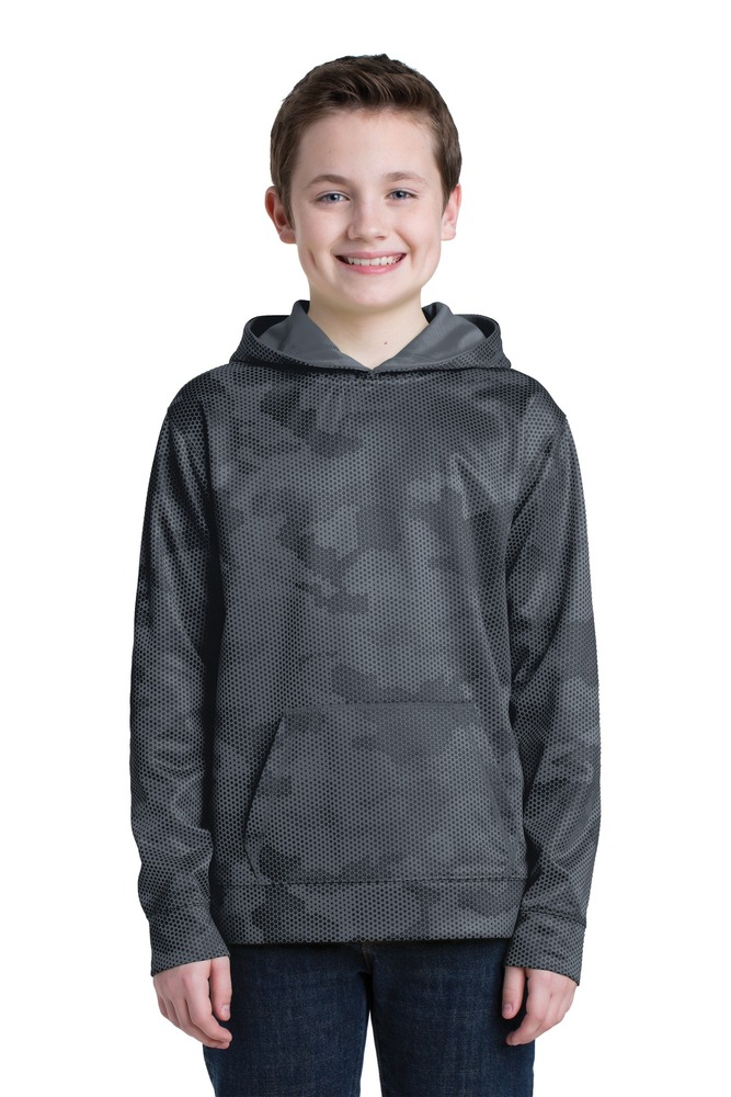 Sport-Tek YST240 Youth Sport-Wick ® CamoHex Fleece Hooded Pullover Front Fullsize"