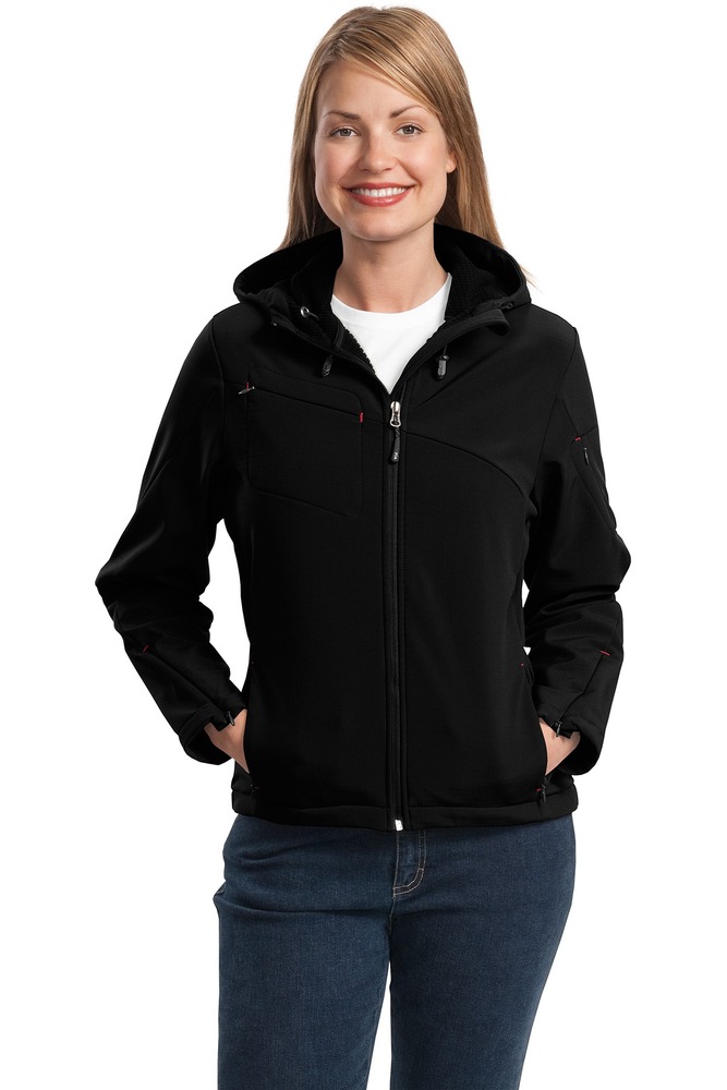 Port Authority L706 Ladies Textured Hooded Soft Shell Jacket Front Fullsize"