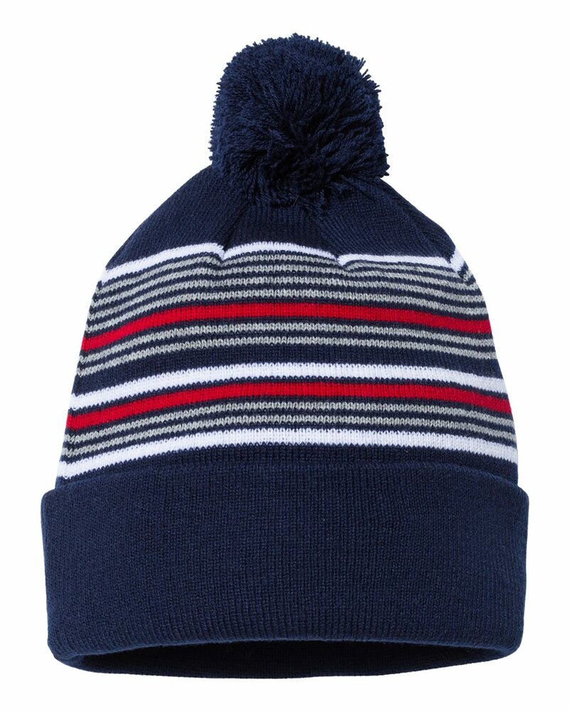 sportsman sp60 12" striped pom-pom knit beanie Front Fullsize