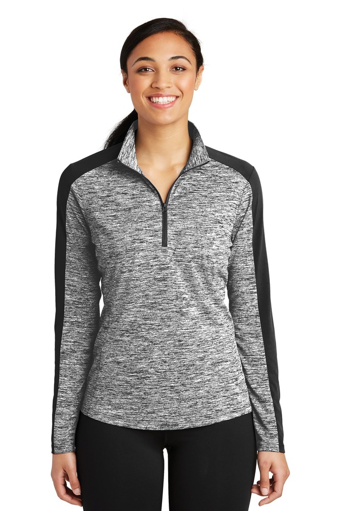 sport-tek lst397 ladies posicharge ® electric heather colorblock 1/4-zip pullover Front Fullsize