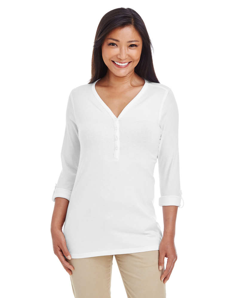 devon & jones dp186w ladies' perfect fit™ y-placket convertible sleeve knit top Front Fullsize