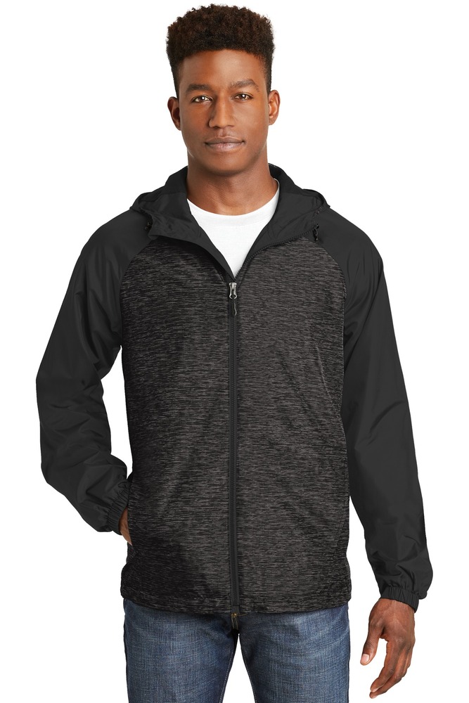 sport-tek jst40 heather colorblock raglan hooded wind jacket Front Fullsize