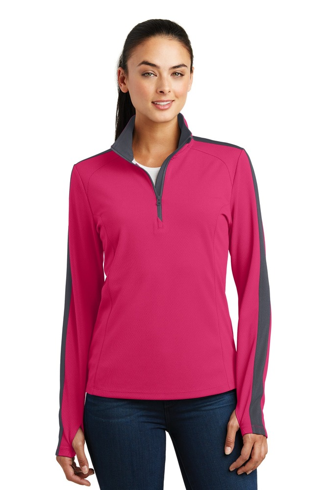 sport-tek lst861 ladies sport-wick ® textured colorblock 1/4-zip pullover Front Fullsize