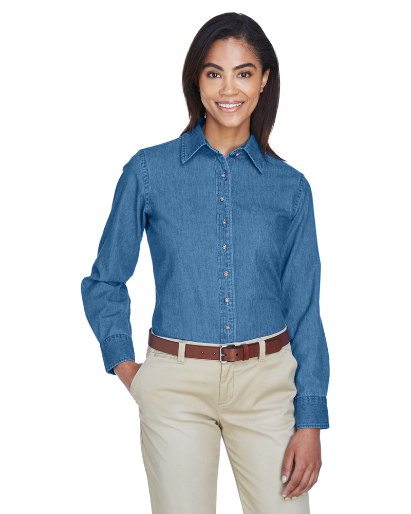 harriton m550w ladies' 6.5 oz. long-sleeve denim shirt Front Fullsize