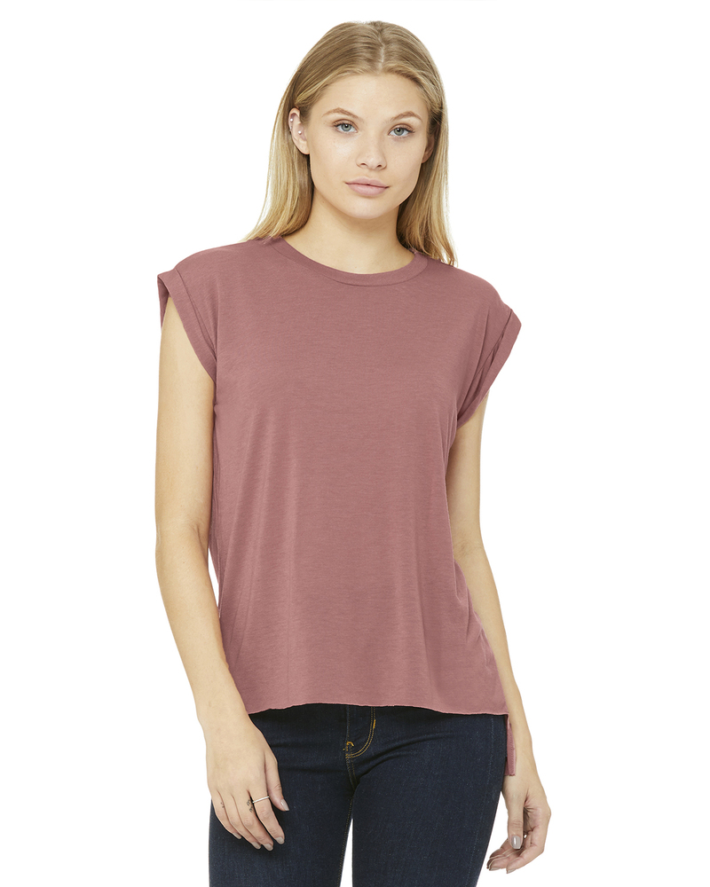 Bella Canvas Flowy - Maglietta Donna Con Maniche Arrotolate | Scollo A Costine | 65% Poliestere 35% Viscosa | Taglie S A XL
