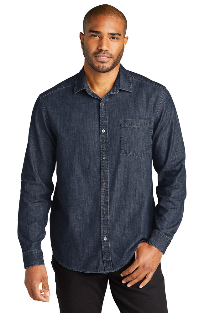 port authority w676 long sleeve perfect denim shirt Front Fullsize