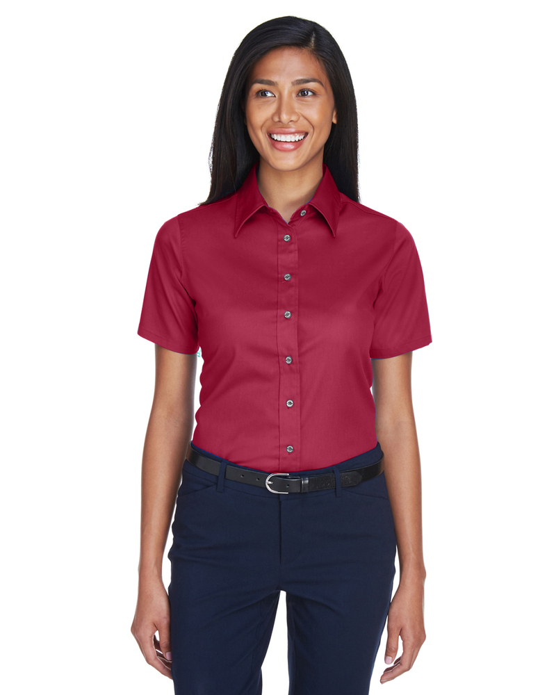 harriton m500sw ladies' easy blend™ short-sleeve twill shirt with stain-release Front Fullsize