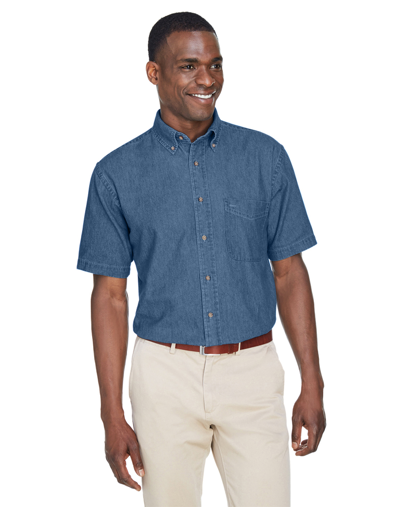 harriton m550s men's 6.5 oz. short-sleeve denim shirt Front Fullsize