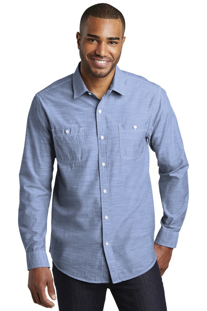 port authority w380 slub chambray shirt Front Fullsize