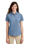 port & company lsp11 ladies short sleeve value denim shirt Front Thumbnail